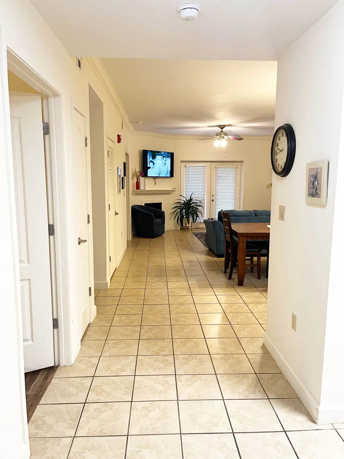 An inviting view of the main living area, including a hallway, television, dining table, and a cozy plant, all bathed in natural light. The space feels open and accessible, suggesting a welcoming atmosphere for people of all ages and abilities.